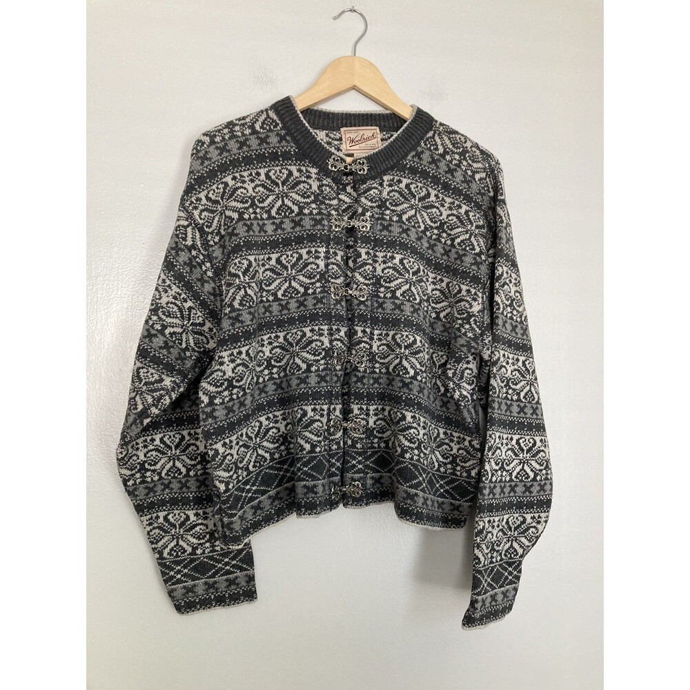 Vintage Woolrich Cardigan Sweater Fair Isle LARGE Women’s Gray Made in Hong Kong